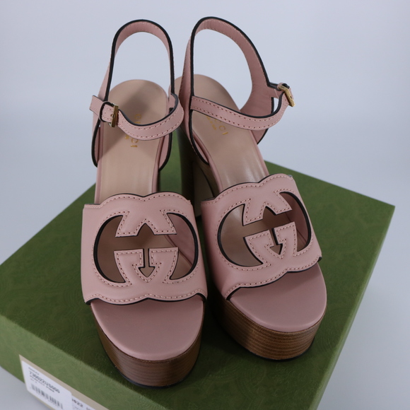 Gucci 37.5 Interlocking GG 110mm Logo Nude Pink Sandals Heels E798 - Picture 14 of 15
